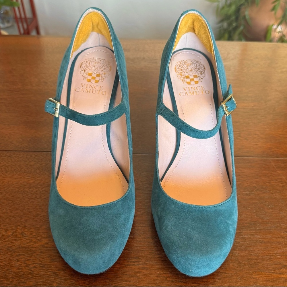 Vince Camuto Mary Jane Wedge Heels Magie Suede Leather Teal Blue/Green | Size 8 - Picture 4 of 10